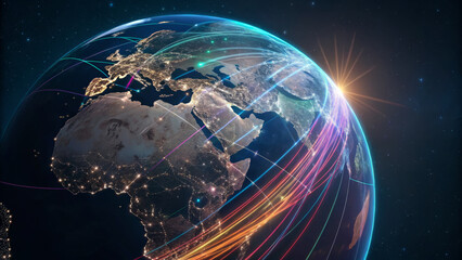 Poster - AI support for financial institutions. Vibrant view of Earth with glowing connections and sunrise effect. AI for customer service.