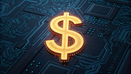 Poster - AI support for financial institutions. Digital dollar symbol on a circuit board background with glowing effect. AI for customer service.