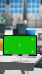 Poster - vertical video copy space display on tablet in modern photovoltaics factory used to oversee producti