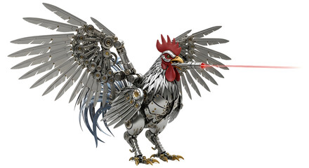 Poster - Metallic Rooster with Laser Beam from Beak and Spread Wings against Transparent Background