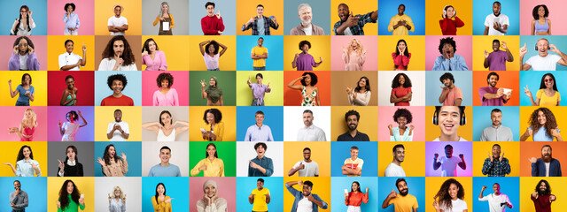 Poster - A collage showcases a diverse group of people smiling and posing against colorful backgrounds. Their expressions reflect a lively, inclusive atmosphere representing various lifestyles.