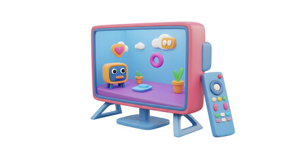 Poster - playful 3d rendered cartoon television set with decorative elements and remote against transparent b