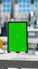 Poster - vertical video empty desk with copy space screen on laptop in a solar panels factory, manufacturing 