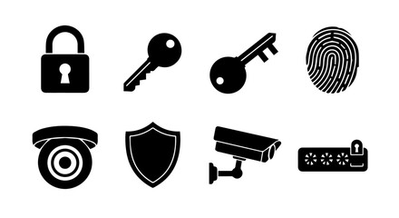 Poster - Secure your data with robust cybersecurity solutions featuring key lock icons, fingerprint scanner, CCTV camera, and shield graphics.