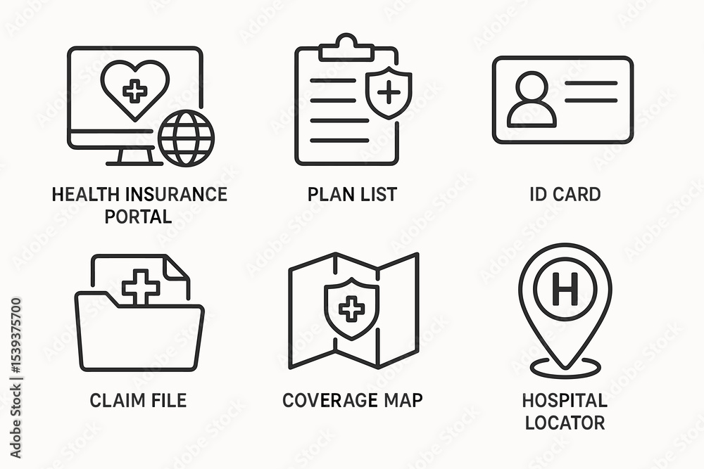 Health insurance icons: portal, plan list, id card, claim file ...