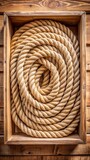 Natural fiber rope coil in a wooden crate