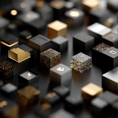 Abstract 3D Cubes  Tech  Coding  Software  Data  Gold  Black   Digital  Isometric