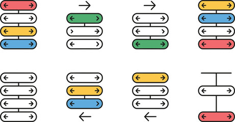 Poster - Colorful process flow diagrams representing different stages and sequences with arrows and rectangular shapes.