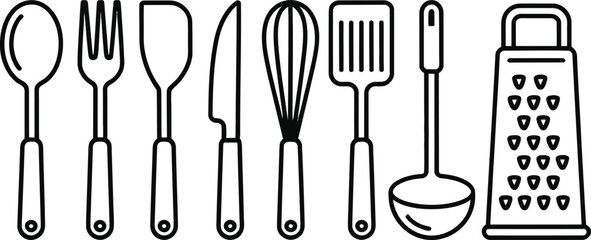 Poster - Simple monochrome line art illustration featuring essential kitchen utensils for culinary activities and cooking concepts.
