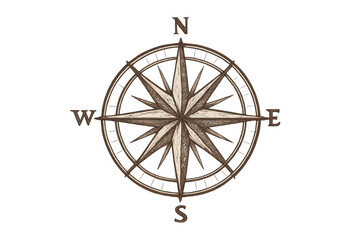 Poster - Hand-drawn vintage compass rose pointing north, south, east and west, isolated on transparent background