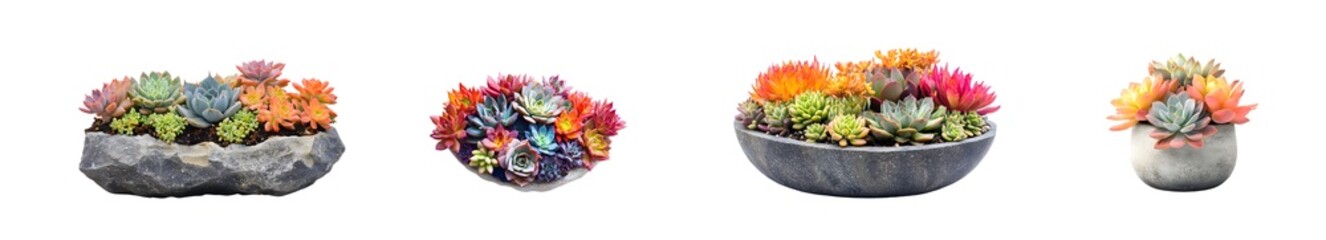 Fototapete - set of Succulent arrangements in stone-like planters. isolated on transparent background