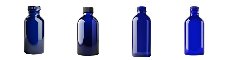 Poster - set of various-shaped cobalt blue bottles against a white background.