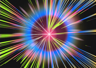 Poster - Energetic abstract illustration in modern vaporwave style: vibrant streaks of yellow, pink, blue, and green radiate from a glowing magenta center, creating a sense of cosmic motion and intensity.