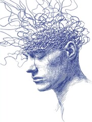 Aufkleber - Stylized Human Head With Chaotic Lines Exploding From Temple, Symbolizing the Experience of Anxiety and Stress in a Visual Representation of Feeling Overwhelmed