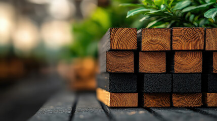 Poster - Stack of eco friendly wooden beams is neatly arranged on dark surface, with vibrant green plants in background, creating harmonious blend of natural materials and greenery