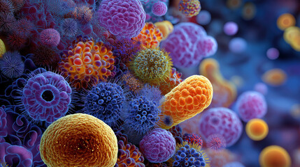 Aufkleber - I dont know who these are, but image shows colorful and detailed representation of various microorganisms, possibly depicting gut microbiome. vibrant colors and intricate structures highlight