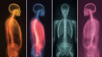 Aufkleber - Series of colorful X ray images showcases human skeleton from various angles, highlighting different parts of body with vibrant hues. images convey sense of scientific exploration and anatomical