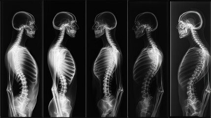 Aufkleber - X ray images of human skeletons in various positions, showcasing spine and skull. images highlight skeletal structure and alignment, useful for medical analysis and study
