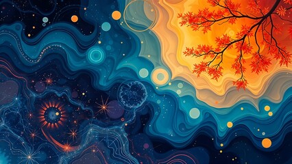 Abstract colorful light fractal design with glowing blue flower pattern and swirling energy waves