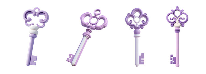 Fototapete - set of vintage-style keys in shades of purple and white. isolated on transparent background