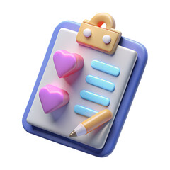 Poster - 3d render of a clipboard with hearts and pen isolated on a white  background