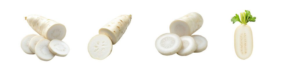 Poster - set of White radish root and slices isolated on transparent background
