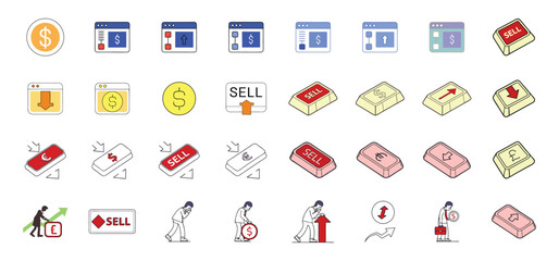 Fototapete - Financial and economic concepts illustrated by icons including currencies, sell buttons, charts, and people with money and trends.