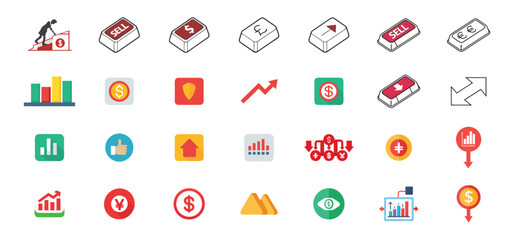 Fototapete - Diverse icons depicting financial concepts including currency symbols business charts investment strategies and market trends visualized.