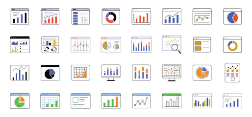Fototapete - Collection of vector illustrations showcasing diverse data visualizations like charts graphs and infographics suitable for various business reports