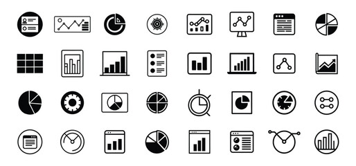 Fototapete - Black and white business and finance icons representing data analysis and statistical charts for graphic design elements