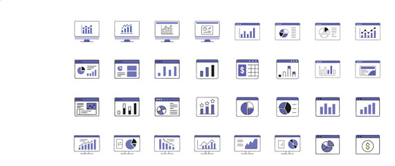 Fototapete - Collection of business data analysis illustrations depicting charts and graphs shown on computer monitors and windows.