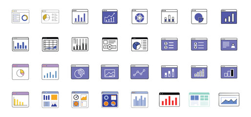 Fototapete - Collection of colorful data analysis and business charts presented in a set of website window icons