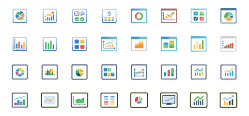 Fototapete - Collection of colorful modern charts and graphs icons representing diverse financial analysis concepts