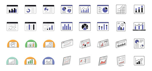 Fototapete - Collection of digital financial charts and graphs representing business data analytics and economic growth visualization.