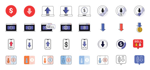 Fototapete - Collection of downward arrows and dollar symbols representing financial losses and sales in various vector styles