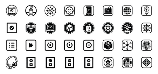 Poster - Diverse collection of black and white icons representing various technologies and user interface elements