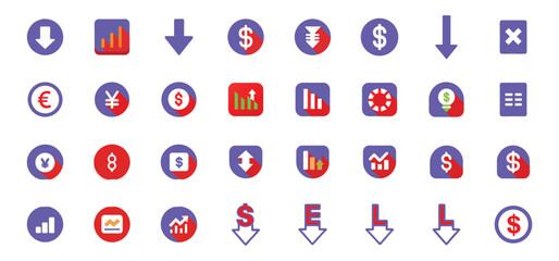 Fototapete - Financial icons and currency symbols indicating downward trends and fluctuating markets in red and purple colors