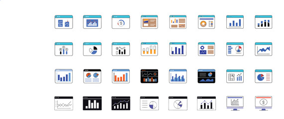 Fototapete - Diverse collection of statistical data charts and graphs within computer window icons for analysis and reporting.