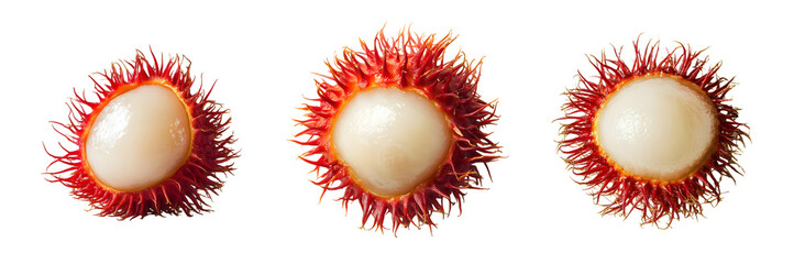 Poster - set of rambutan fruit halves against a white background.