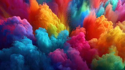 Poster - Vibrant clouds of colorful powder explode in dynamic display, creating mesmerizing and energetic scene. vivid hues blend seamlessly, evoking sense of joy and creativity