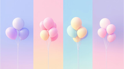 Poster - Colorful balloons in pastel shades are arranged against gradient background, creating cheerful and whimsical atmosphere. soft hues of pink, blue, and purple enhance playful and dreamy feel