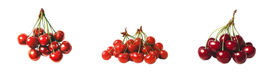 Poster - set of Fresh cherries clustered in bunches against a white background.