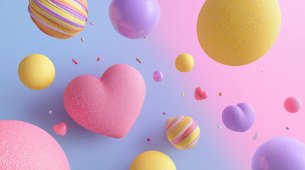 Aufkleber - Colorful 3D shapes including hearts and spheres float against pastel gradient background, creating playful and whimsical atmosphere