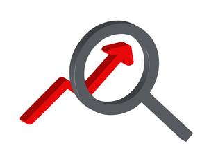 Poster - Simple 3D icon of an ascending arrow with a magnifying glass, PNG format, transparent background