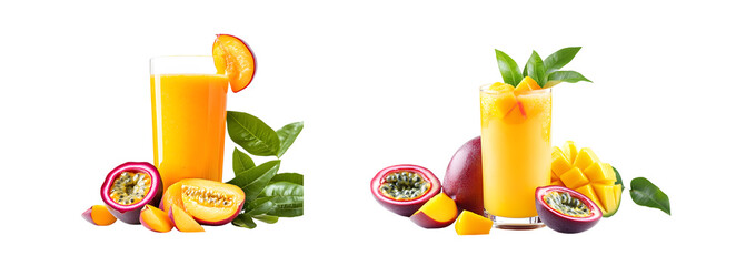 Poster - set of Fresh fruit juices with passion fruit, mango, and peach. isolated on transparent background