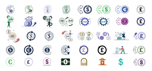 Poster - Collection of various currency exchange and international finance related icons in modern flat vector illustrations