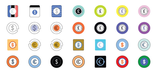 Poster - A collection of currency symbols including dollars euros and pounds with circular arrows representing financial exchange and international trading