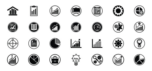 Poster - Collection of black and white business icons representing financial analysis, data, and business strategy elements in simple outlines.