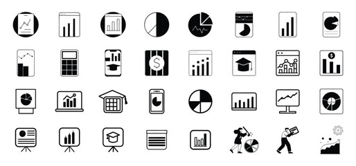 Poster - A diverse collection of business analytics and financial data visualization icons in black and white monochrome style
