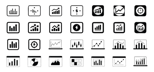 Poster - Collection of black and white business and finance icons illustrating data analysis statistics and financial growth for design